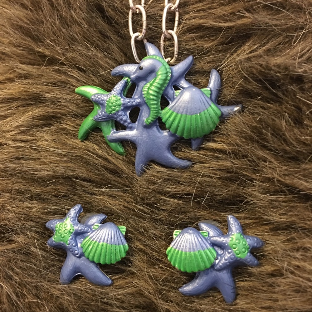Seahorse and shell painted metal jewelry set